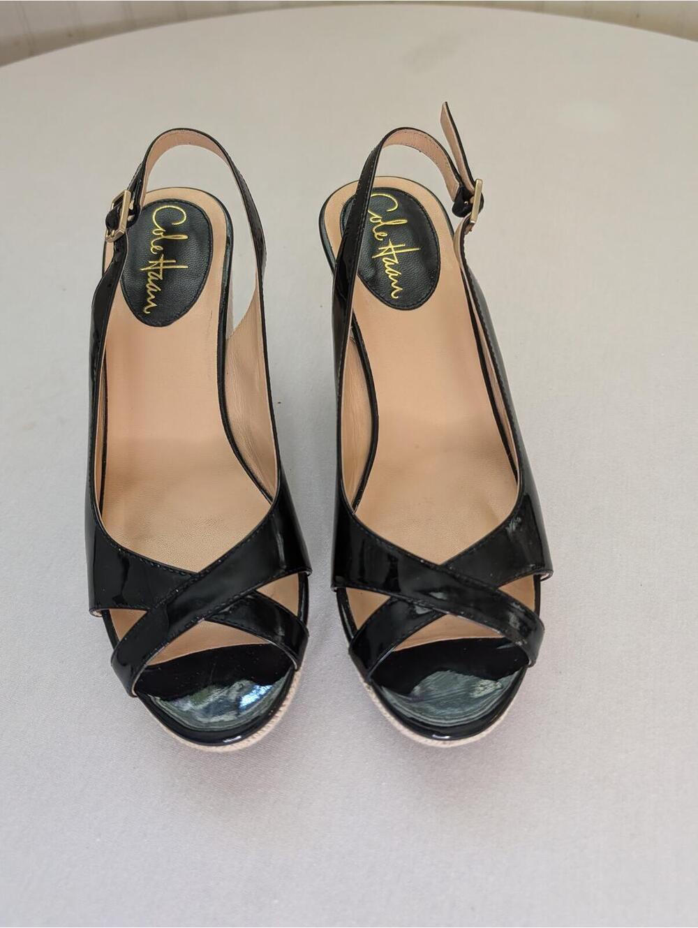 Cole Haan Black Patent Leather Wedge Sandals Size 6 - Picture 6 of 9